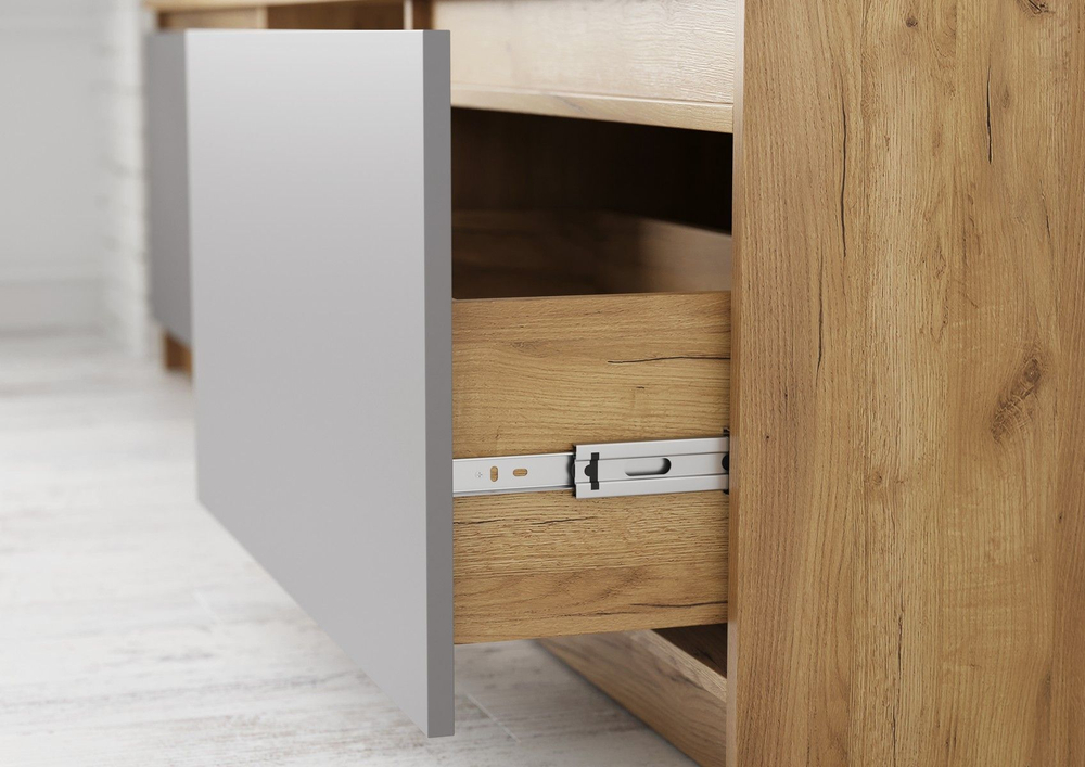 Стенка под телевизор в гостиную Дуб Крафт Золотой/Мдф Белый Глянец, Бостон, 210х41,3х191,4 см Стиль