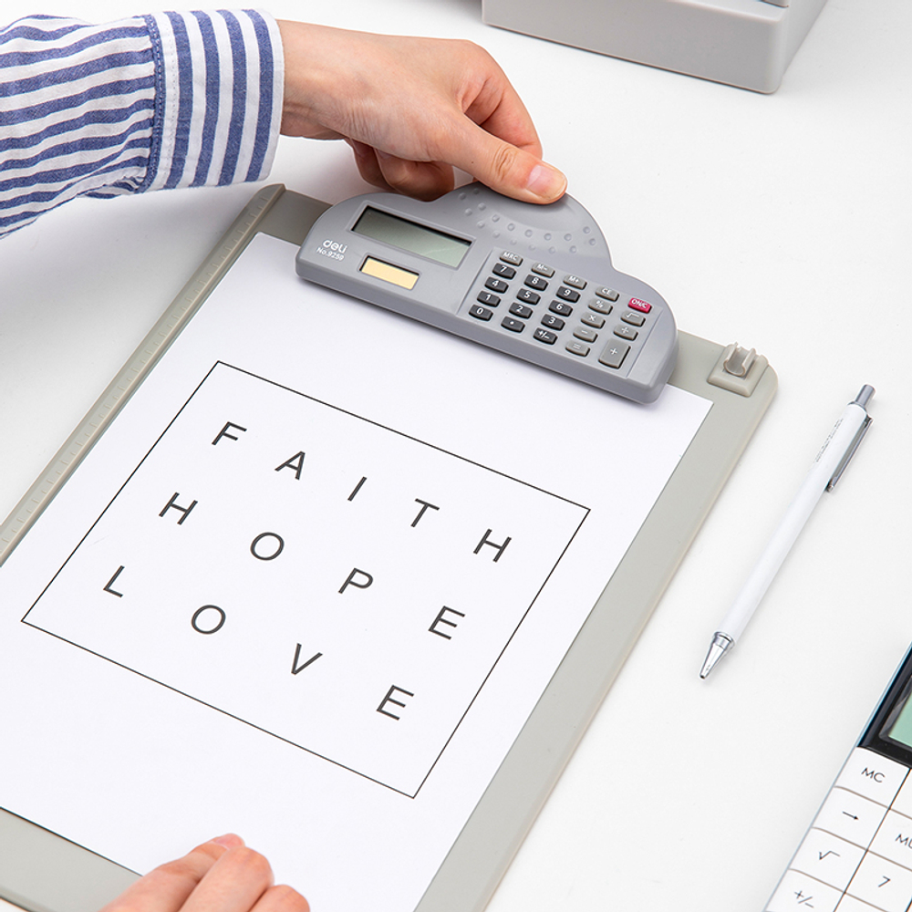 Папка-планшет DELI с калькулятором А4, пластиковая, серая