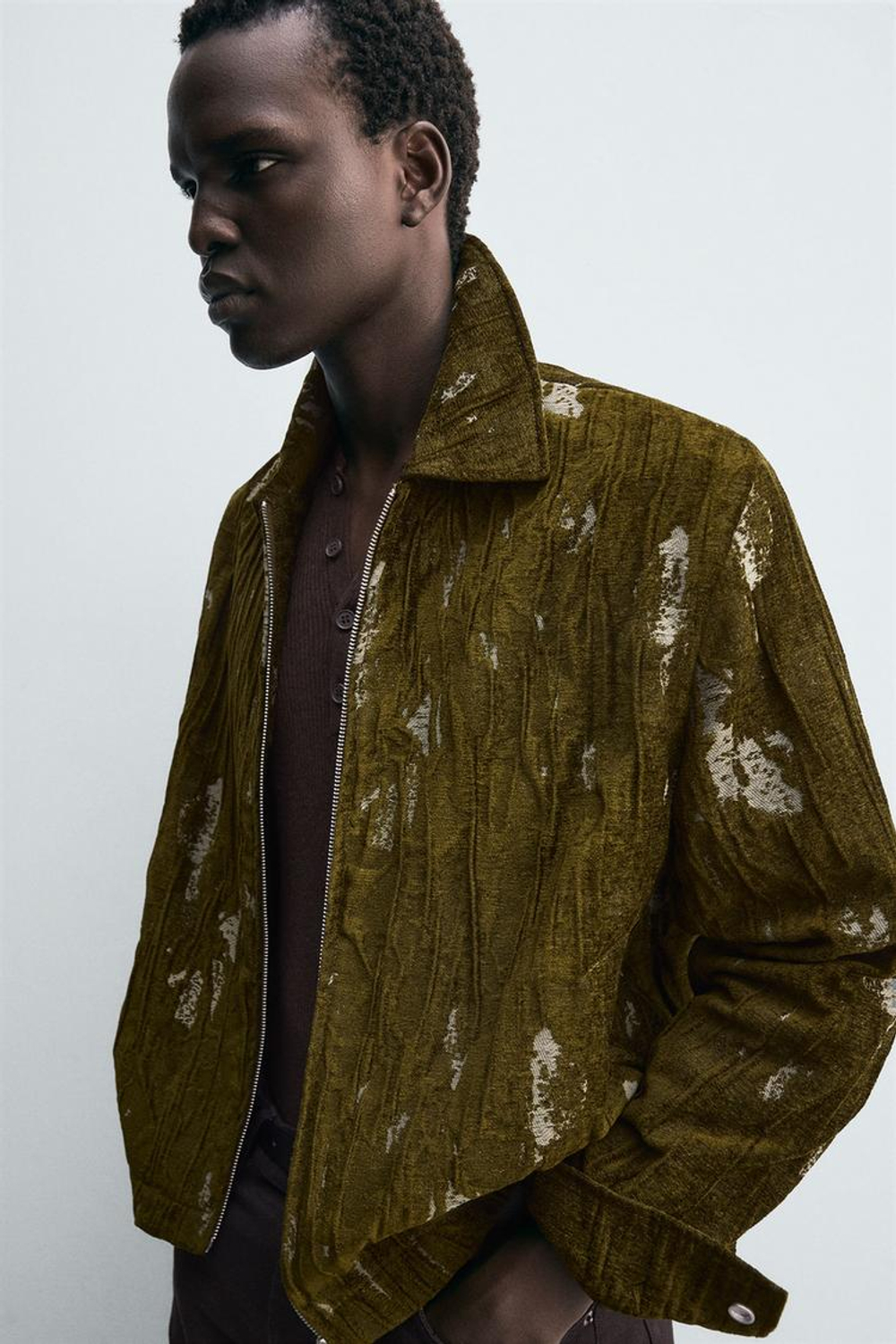 ZARA ЖАККАРДОВАЯ КУРТКА С РЕЛЬЕФНЫМ УЗОРОМ, ЗЕЛЕНЫЙ МЕЛАНЖ