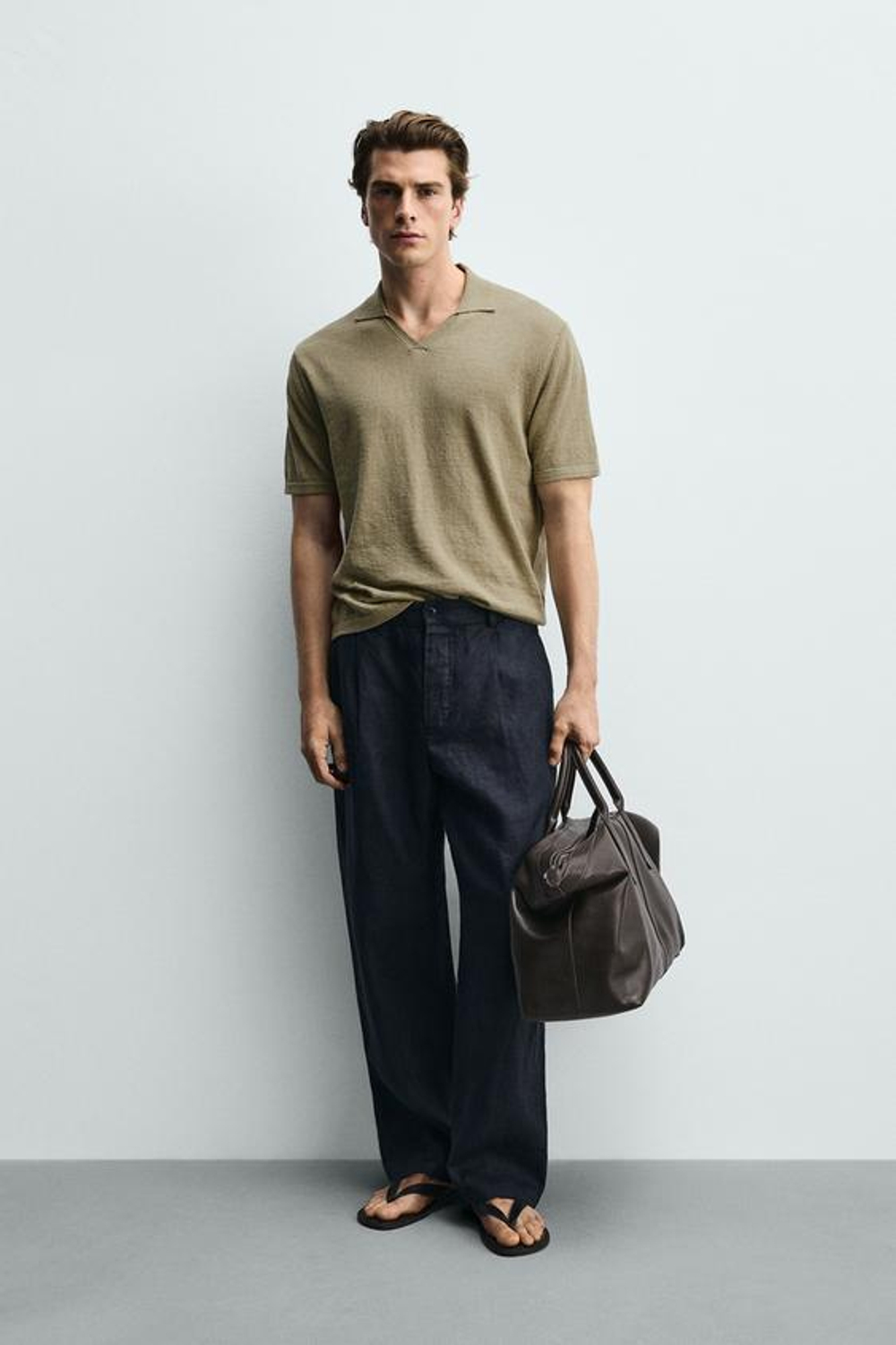 ZARA ПОЛО ИЗ ХЛОПКА И ЛЬНА, ЦВЕТ МХА