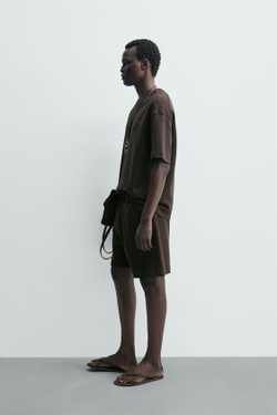 ZARA ШОРТЫ-ДЖОГГЕРЫ RELAXED FIT INTERLOCK, ТЕМНО-КОРИЧНЕВЫЙ