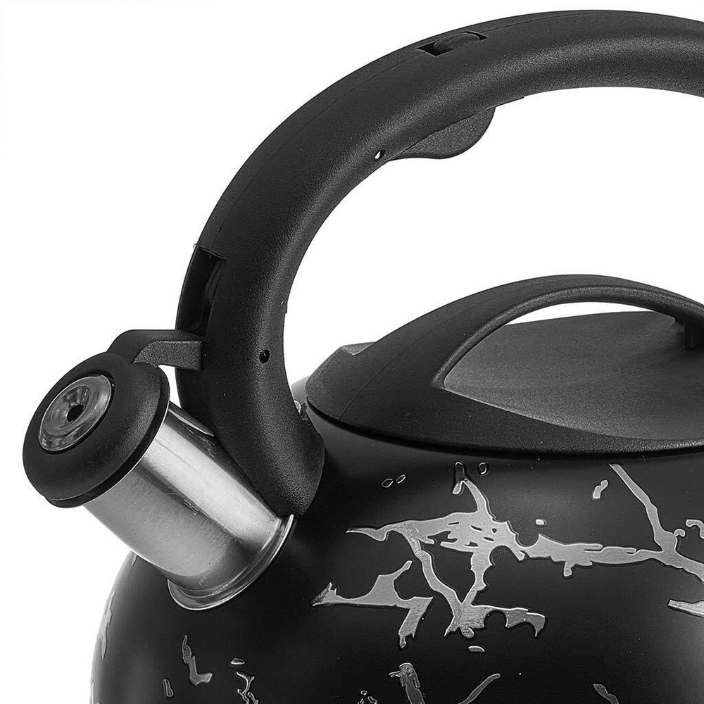 Чайник 3 л из нержавеющей стали со свистком, индукционное дно ALPENKOK AK-539 черный с серебром, ручка черный