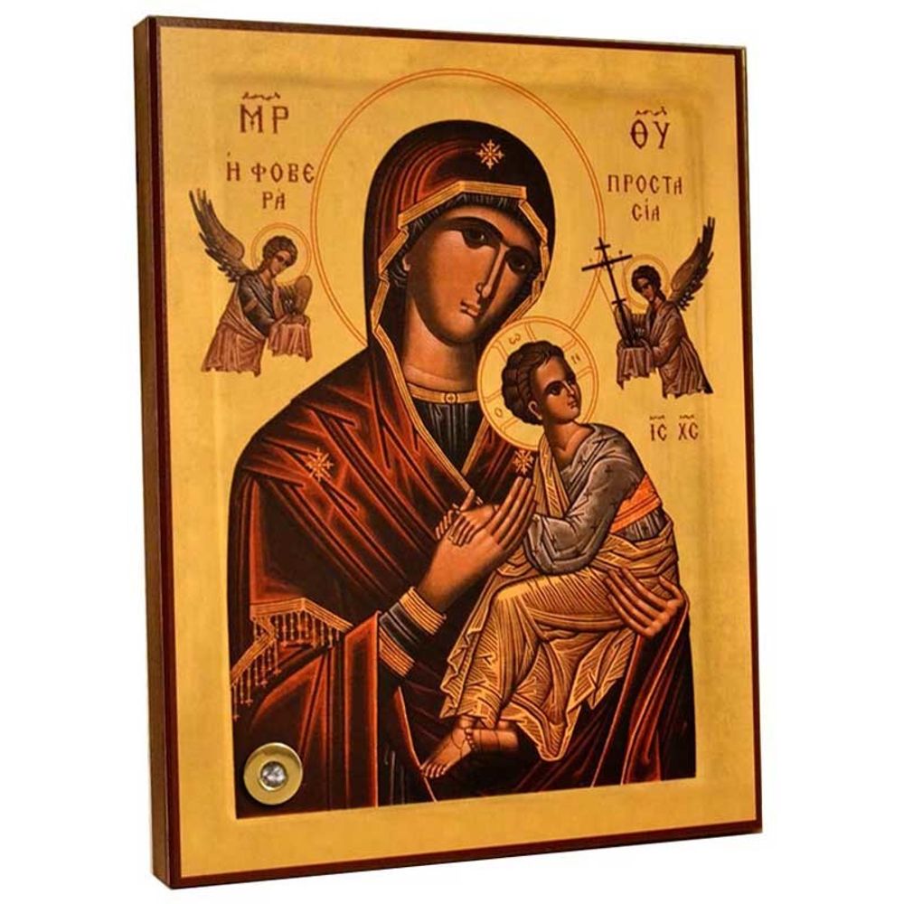 Страстная икона Божьей Матери на деревянной доске с мощевиком.