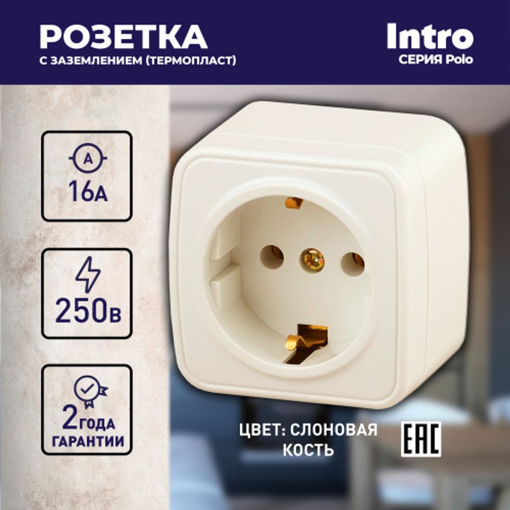 3-202-02 Intro Розетка 2P+E Schuko, 16А-250В, IP20, ОУ, Polo, сл.кость