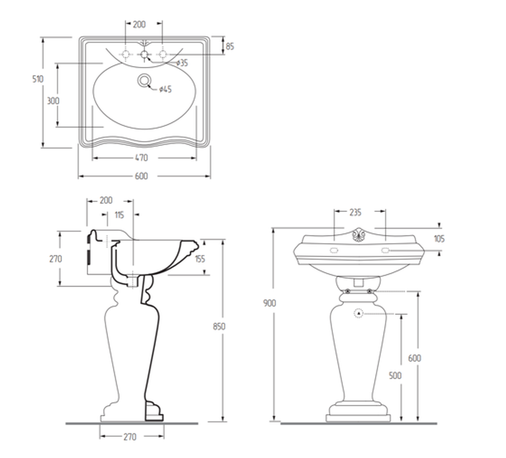 Раковина Impero Migliore  60 см 20788 с колонной  схема