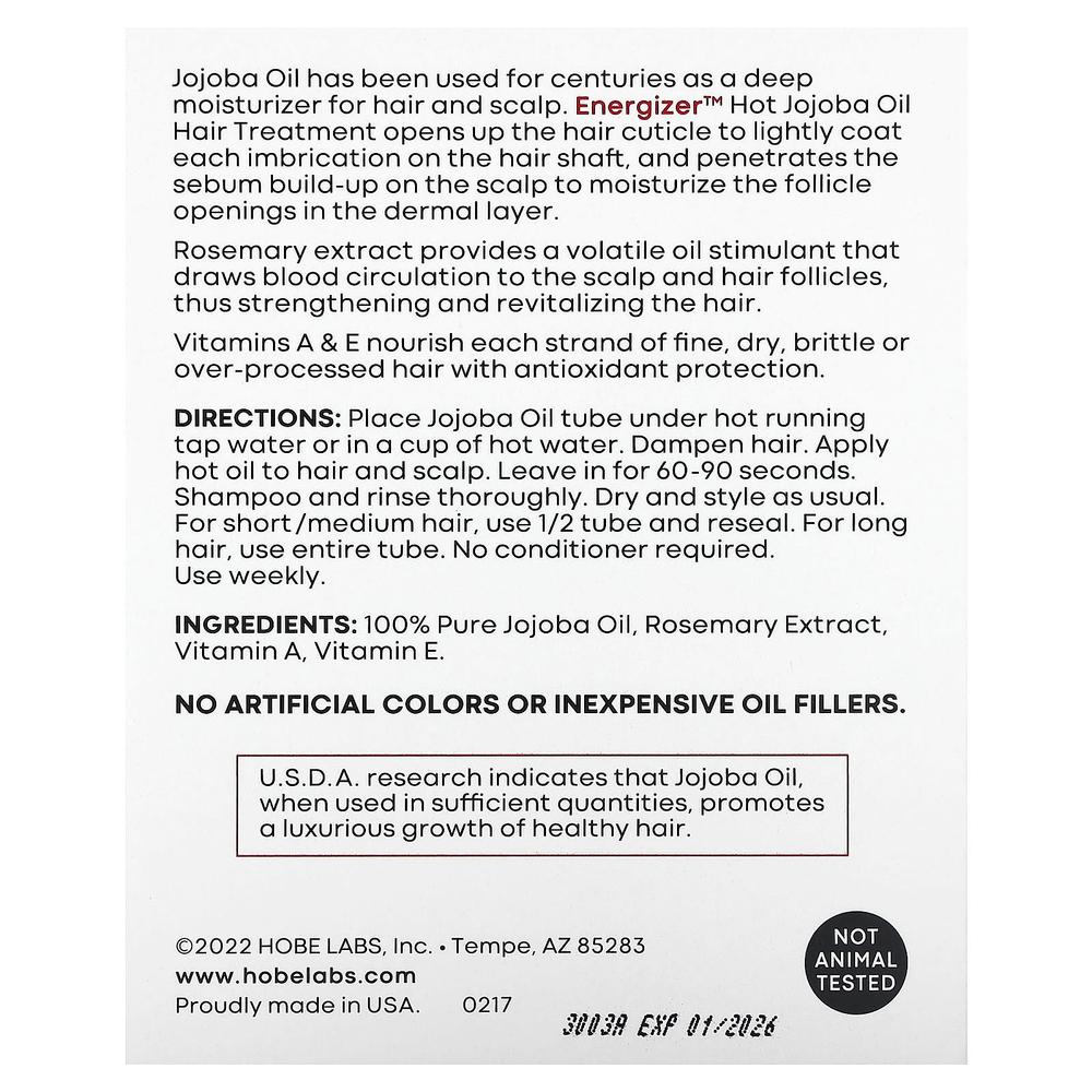 Hobe Labs, Energizer, лечение волос горячим маслом жожоба, 3 тюбика с повторно закрывающейся крышкой, 14,8 мл каждый