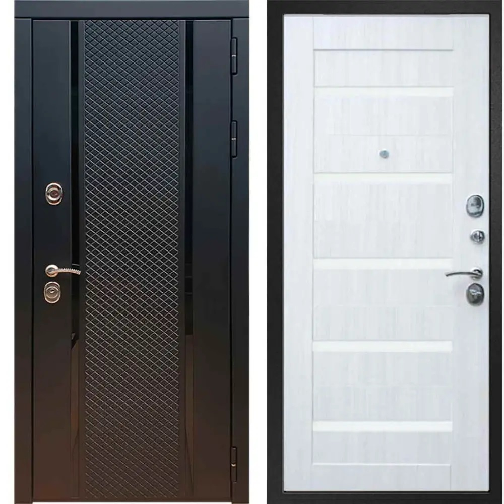 Входная металлическая дверь с зеркалом RеX (РЕКС) 25 кварц черный, фурнитура хром/ СБ 14 Сандал белый, светлые стекла