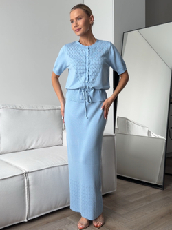 Комплект вязаный, ажурный, длинная юбка и топ на пуговицах