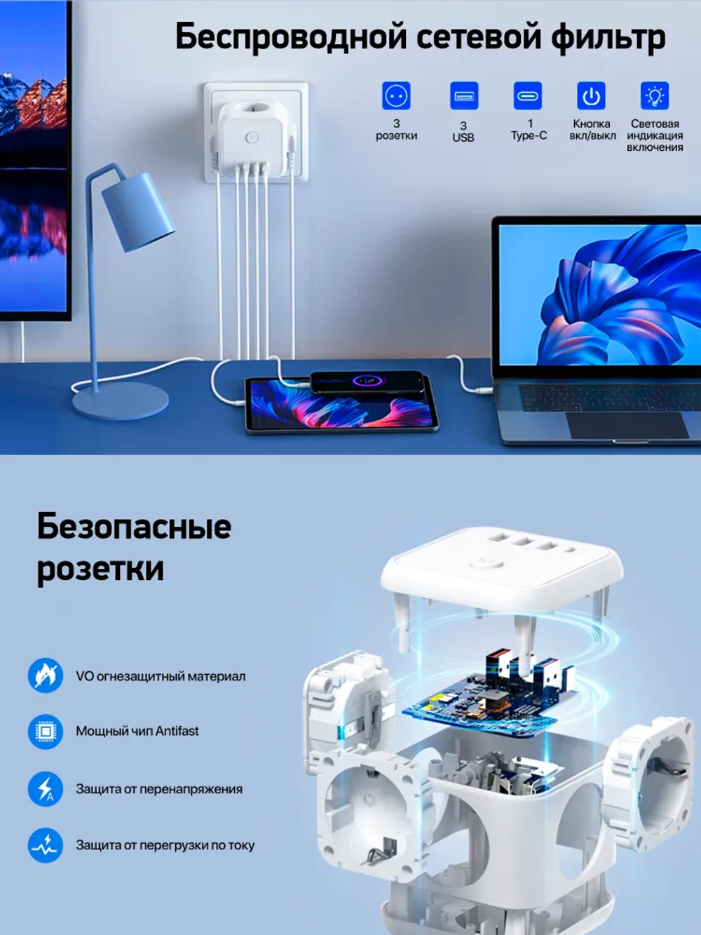 Тройник для розетки, разветвитель на 3 розетки + 3 USB и 1 TYPE-C быстрая зарядка, выключатель