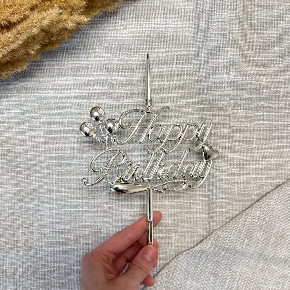 Свеча-топпер 3D «Happy birthday» в серебряном цвете