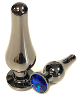 Черная удлиненная анальная пробка с синим кристаллом - 11,5 см. (Цвет: синий)