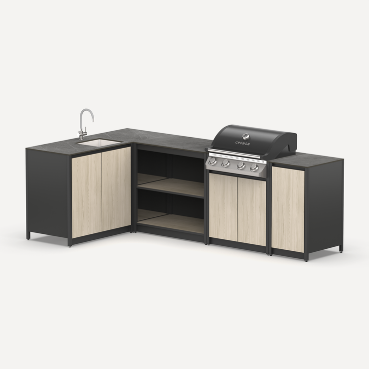 Угловой барбекю комплекс Lounge F-107SG, 2.7x1.5 м, дуб сонома/черный мрамор