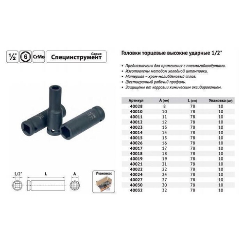 Головка ударная глубокая 1/2" 22 мм 6 гр.