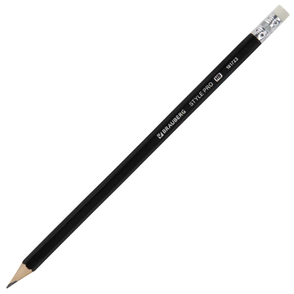 Карандаш чернографитный BRAUBERG "Style PRO", 1 шт., HB, с ластиком, корпус черный