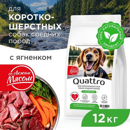 Корм сухой для взрослых собак средних пород, премиум полнорационный комплекс, для короткошерстных собак, с ягненком, 12 кг, QUATTRO