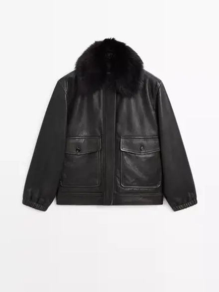 Massimo Dutti Куртка из кожи наппа с воротником, черный