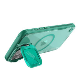 Чехол прозрачный зеленого цвета от Nillkin с поддержкой MagSafe на iPhone 16, серия Iceblade Prop Magnetic Case (металлическая откидная крышка)