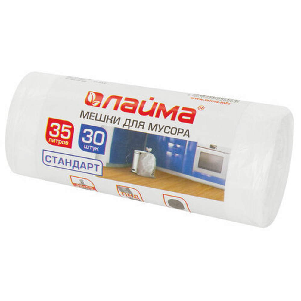 Мешки для мусора 35 л белые в рулоне 30 шт., ПНД 6 мкм, 48×55 см, LAIMA, 6 упаковок.