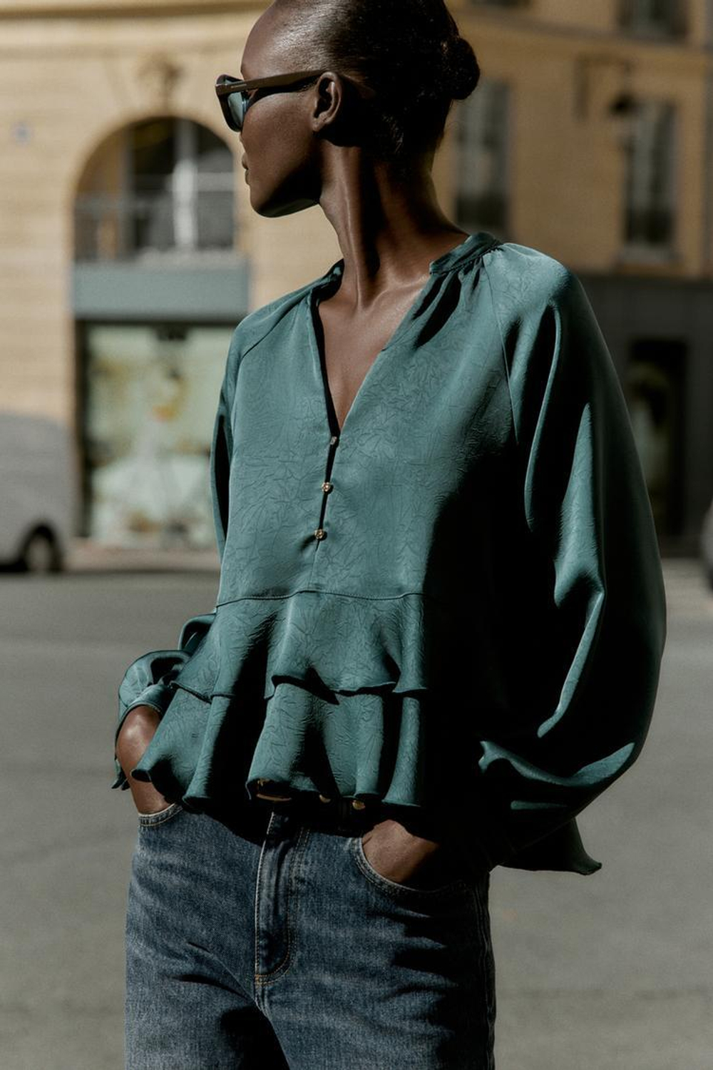 ZARA БЛУЗА С ВОЛАНАМИ, СИНЕ-ЗЕЛЕНЫЙ