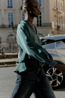 ZARA БЛУЗА С ВОЛАНАМИ, СИНЕ-ЗЕЛЕНЫЙ