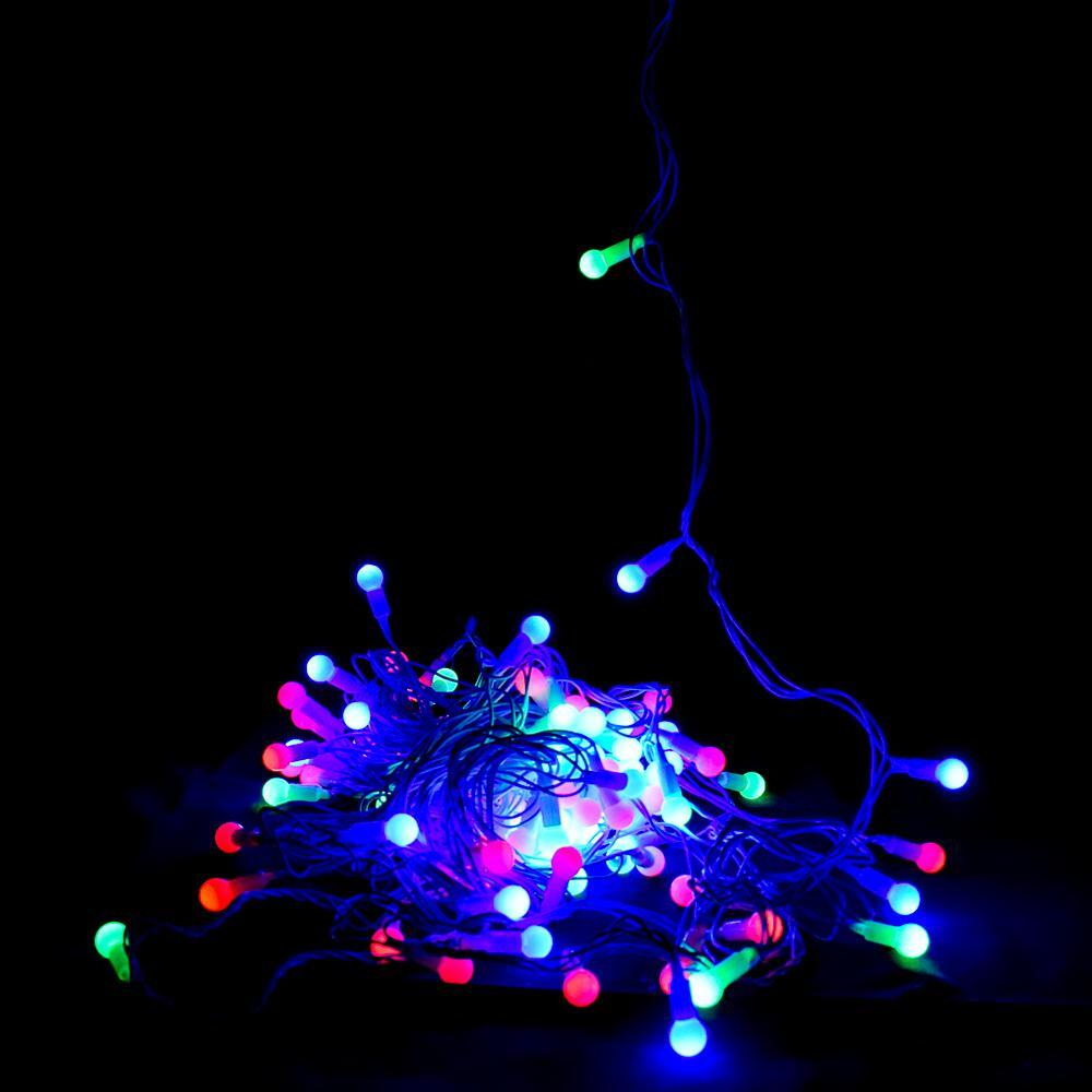 Электрогирлянда LED цветная 100 ламп, 14м, 1 р.м., белый провод, в конце розетка кор