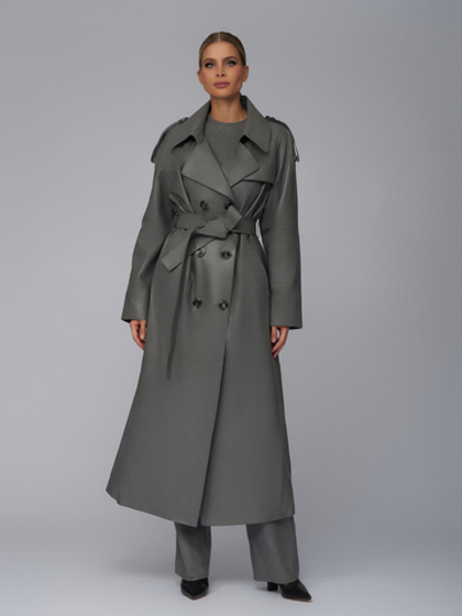 Женский кожаный плащ серый