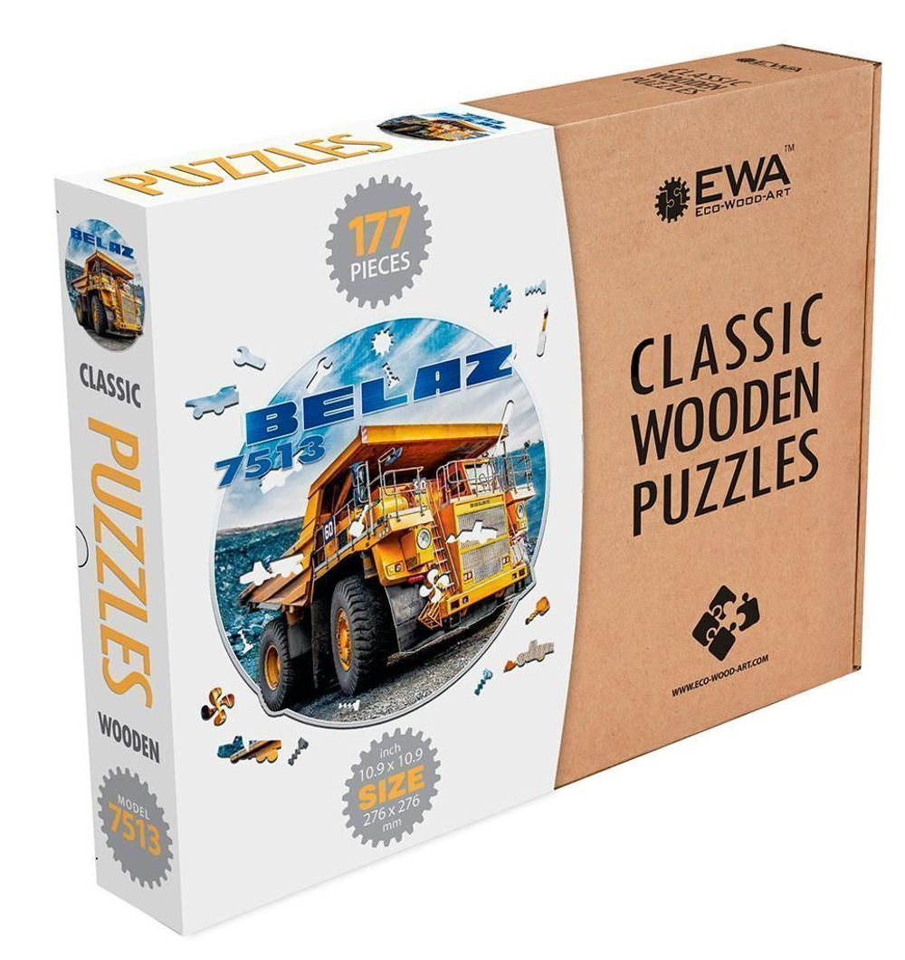 Деревянный пазл, фигурный для детей и взрослых EWA Автомобиль BELAZ 7513 28x28 см
