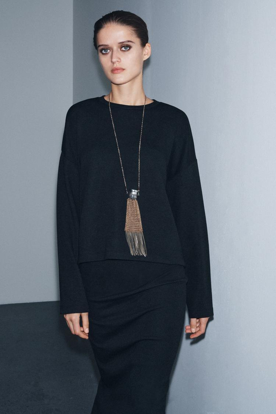 ZARA ТОП ИЗ МЯГКОЙ ТКАНИ С ДЛИННЫМИ РУКАВАМИ, ЧЕРНЫЙ МЕЛАНЖ