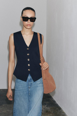 ZARA ОДНОТОННЫЙ ТРИКОТАЖНЫЙ ЖИЛЕТ, ТЕМНО-СИНИЙ