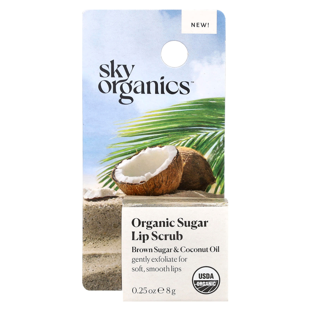 Sky Organics, Скраб для губ с органическим сахаром, коричневый сахар и кокосовое масло, 8 г (0,25 унции)