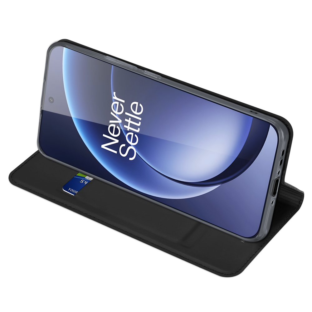 Чехол книжка из черной кожи для смартфона OnePlus 15, серия Skin Pro Series от Dux Ducis