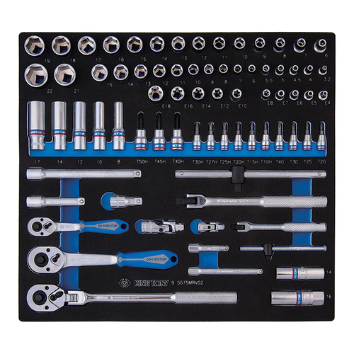 KING TONY (9-5575MRV02) Набор торцевых головок 1/4" и 3/8" с принадлежностями, ложемент, 75 предметов