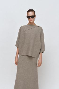 ZARA ТРИКОТАЖНАЯ ЮБКА МИДИ, ПЕСОЧНЫЙ МЕЛАНЖ