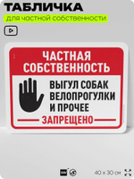 Табличка для частной территории "Частная собственность, выгул собак и велопрогулки запрещены", на дом, для участка, организаций, предупреждающая, 40х30 см, Silver Plane x Айдентика Технолоджи
