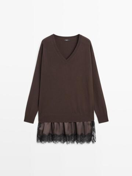 Massimo Dutti Короткое трикотажное платье с контрастной отделкой кружевом, шоколадный