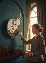 Интерьер в викторианском стиле с настенными часами WOODandROOT Automaton 1789 Hermitage и женщиной, рассматривающей механизм часы