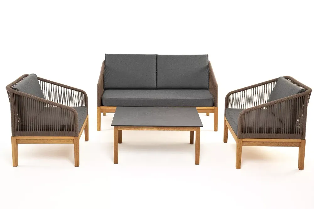 "Канны" лаунж-зона 4-местная из роупа со столиком "Канны" (серый гранит), основание дуб, роуп коричневый