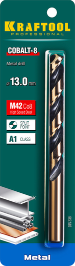 KRAFTOOL COBALT-8, 13.0 х 151 мм, сталь М42, HSS-Co(8%), сверло по металлу (29656-13)