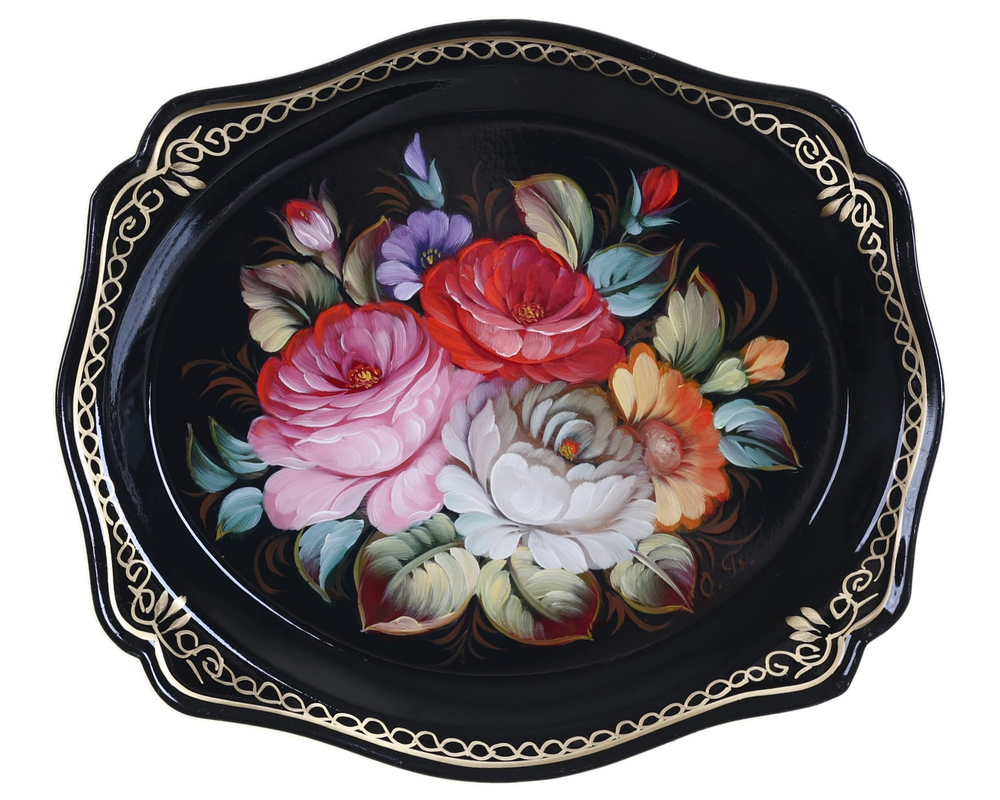 Жостовский поднос декоративный, размер 20х17 см (A3), металлический