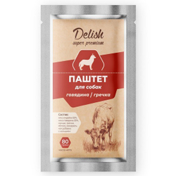 НАБОР Консервы DELISH Super Premium для собак с говядиной и гречкой (паштет) - 10 шт х 80 гр