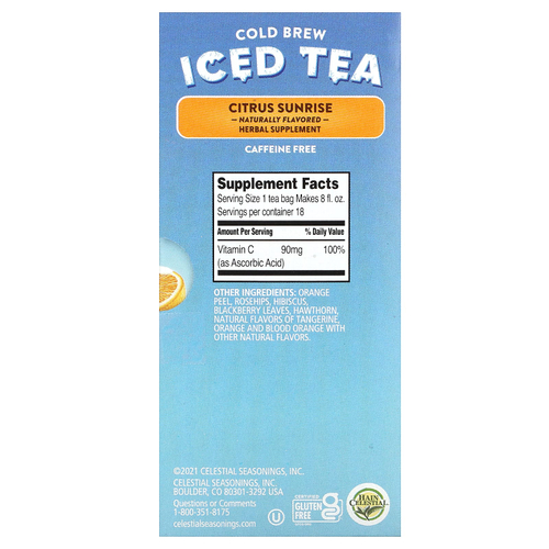 Celestial Seasonings, холодный чай со льдом, с цитрусовыми, без кофеина, 18 чайных пакетиков, 35 г (1,2 унции)
