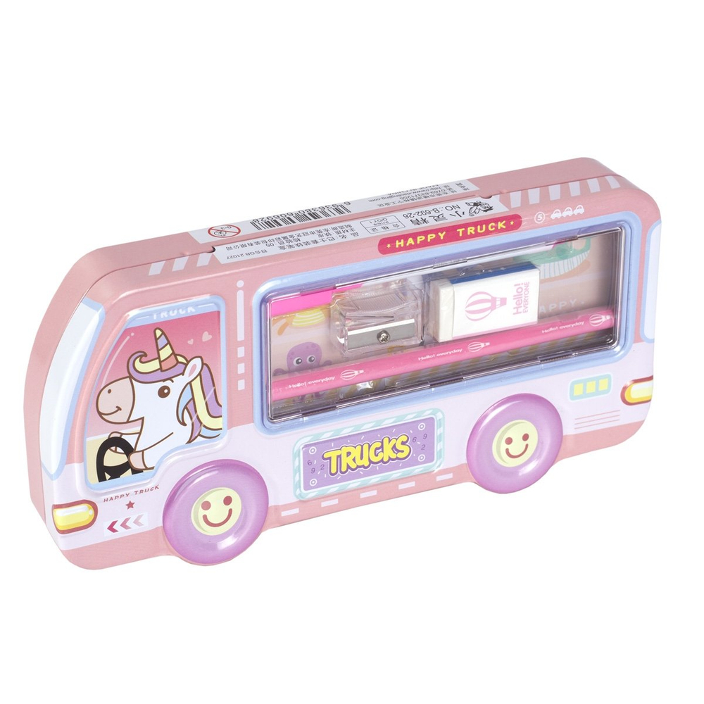 Пенал металлический машина, 2 отделения, Alingar, линейка 15 см, 1 ч/г карандаш, 1 точилка, 1 ластик, 1 маркер, 95 х 210 мм, "Единорог за рулем", розовый, европодвес