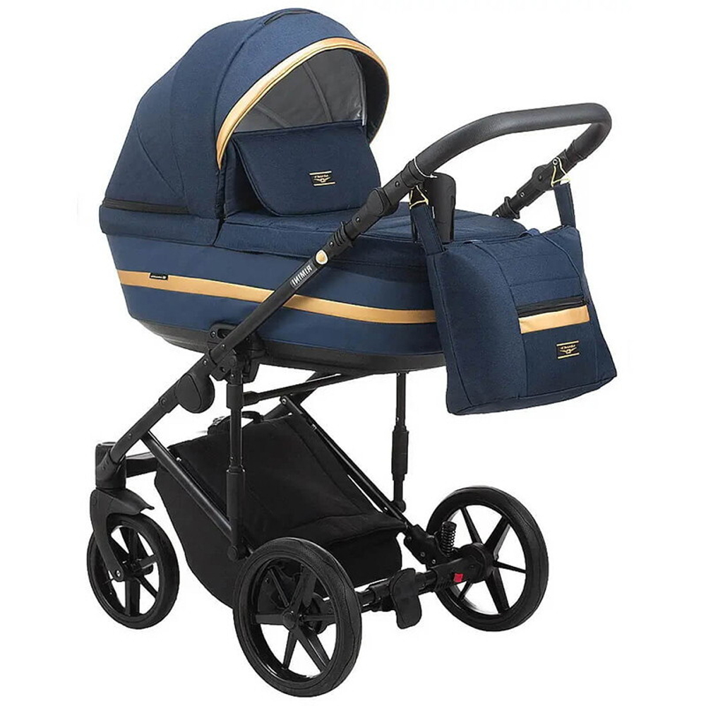 Детская коляска Adamex Rimini 3 в 1 RI95-TIP Т.СИН+Т.СИН.КОЖА+ЗОЛОТО.ОТДЕЛКА