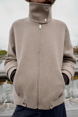 ZARA БОМБЕР ИЗ ШЕРСТИ С ВЫСОКИМ ВОРОТНИКОМ, СВЕТЛЫЙ СЕРО-КОРИЧНЕВЫЙ