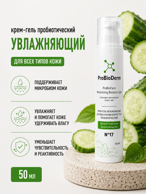 №17 Крем-гель пробиотический увлажняющий для лица и кожи вокруг глаз ProBioFace Moisturizing Balance Light, 50 мл (8,9 б)