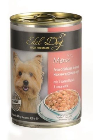 Edel Dog консервы для собак всех пород нежные кусочки 3 вида мяса в соусе