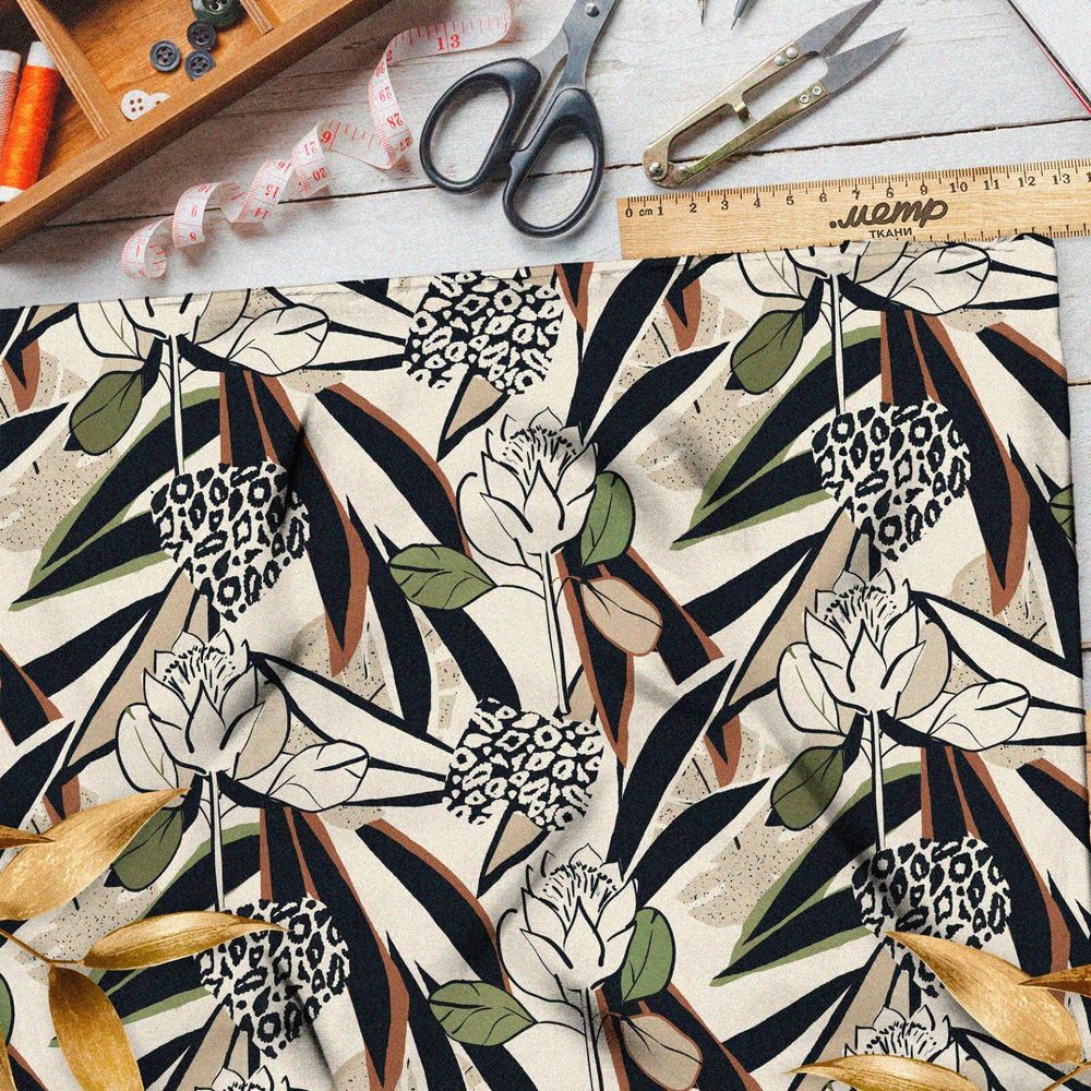 Ткань блэкаут чёрно-белый стиль цветов