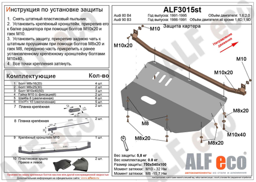 Защита картера (сталь 2 мм) для Audi 80 B4 1991-1995 (V - 1.6; 2.0), Audi 90 B3 1986-1991 (V - все, кроме 1.6d; 1.9d) Alfeco.ALF3015st