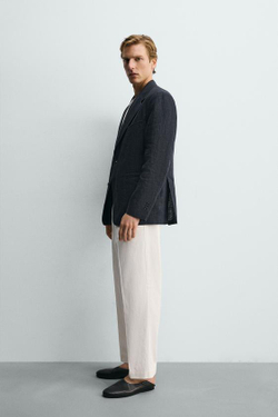ZARA БРЮКИ REGULAR FIT ИЗ ВИСКОЗЫ И ХЛОПКА, ЖЕЛТОВАТО-БЕЛЫЙ