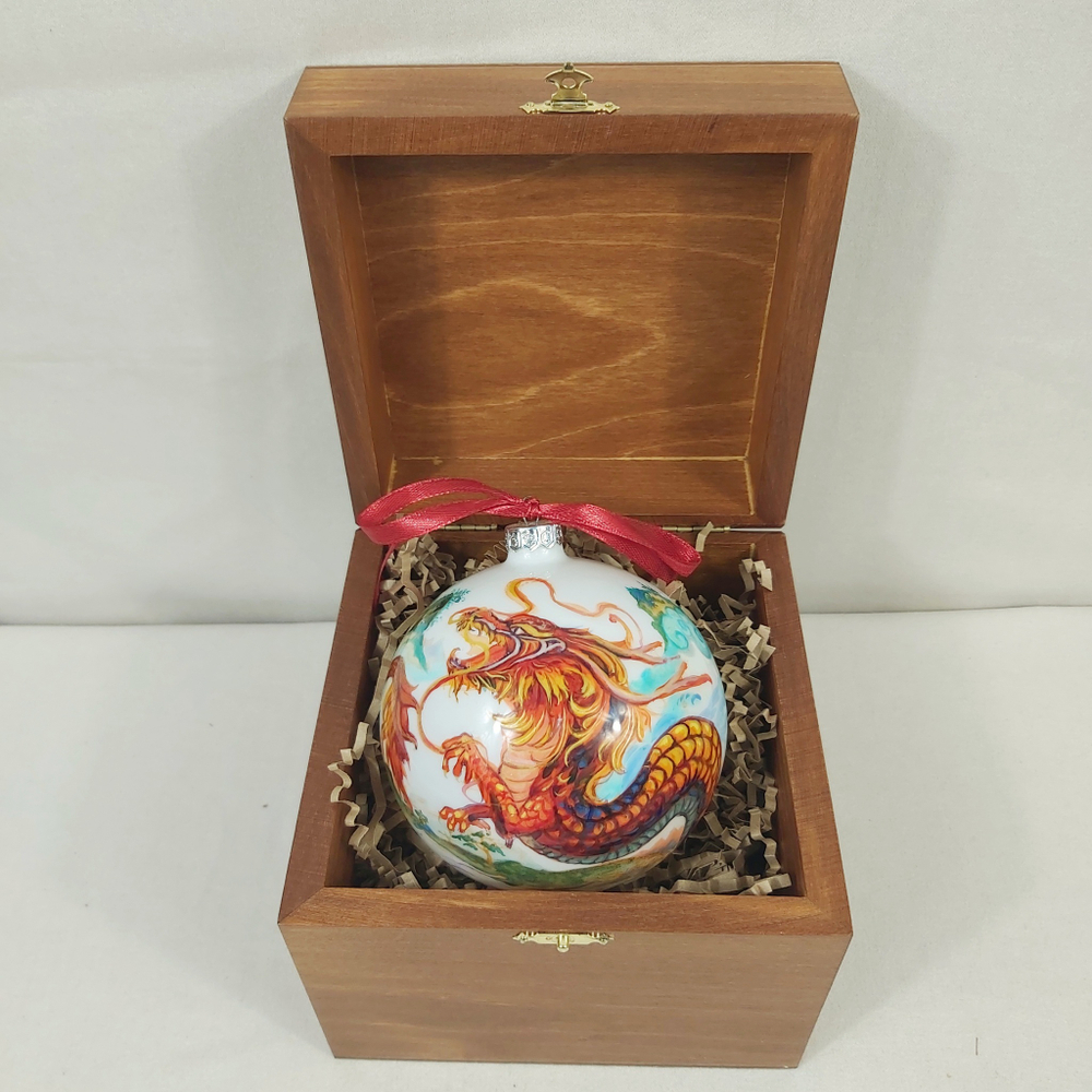 Коллекционный елочный шар с росписью Палех "Дракон" в деревянной шкатулке